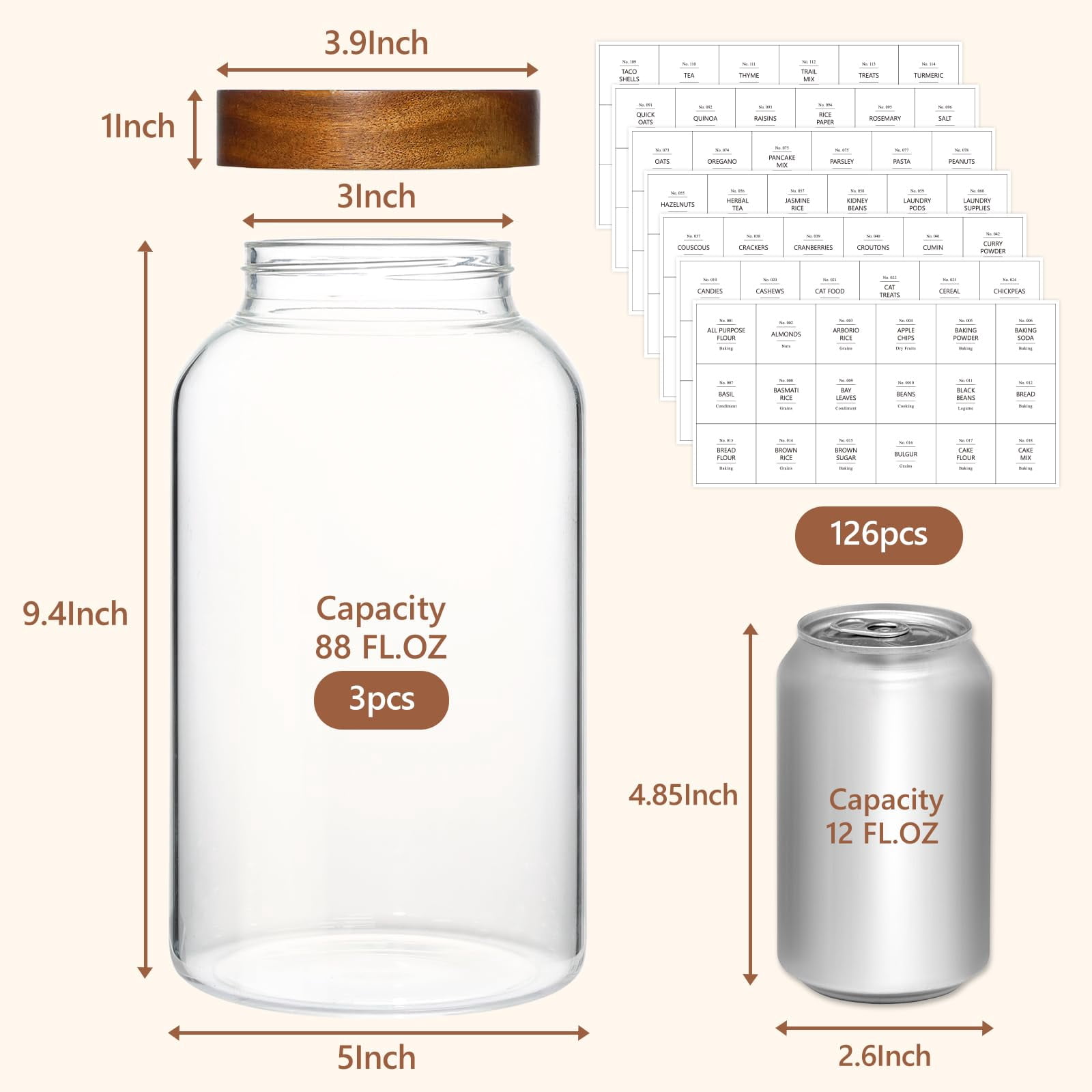 88 Fl.oz Glass Food Storage Jars with Airtight Wood Lids, Set of 3
