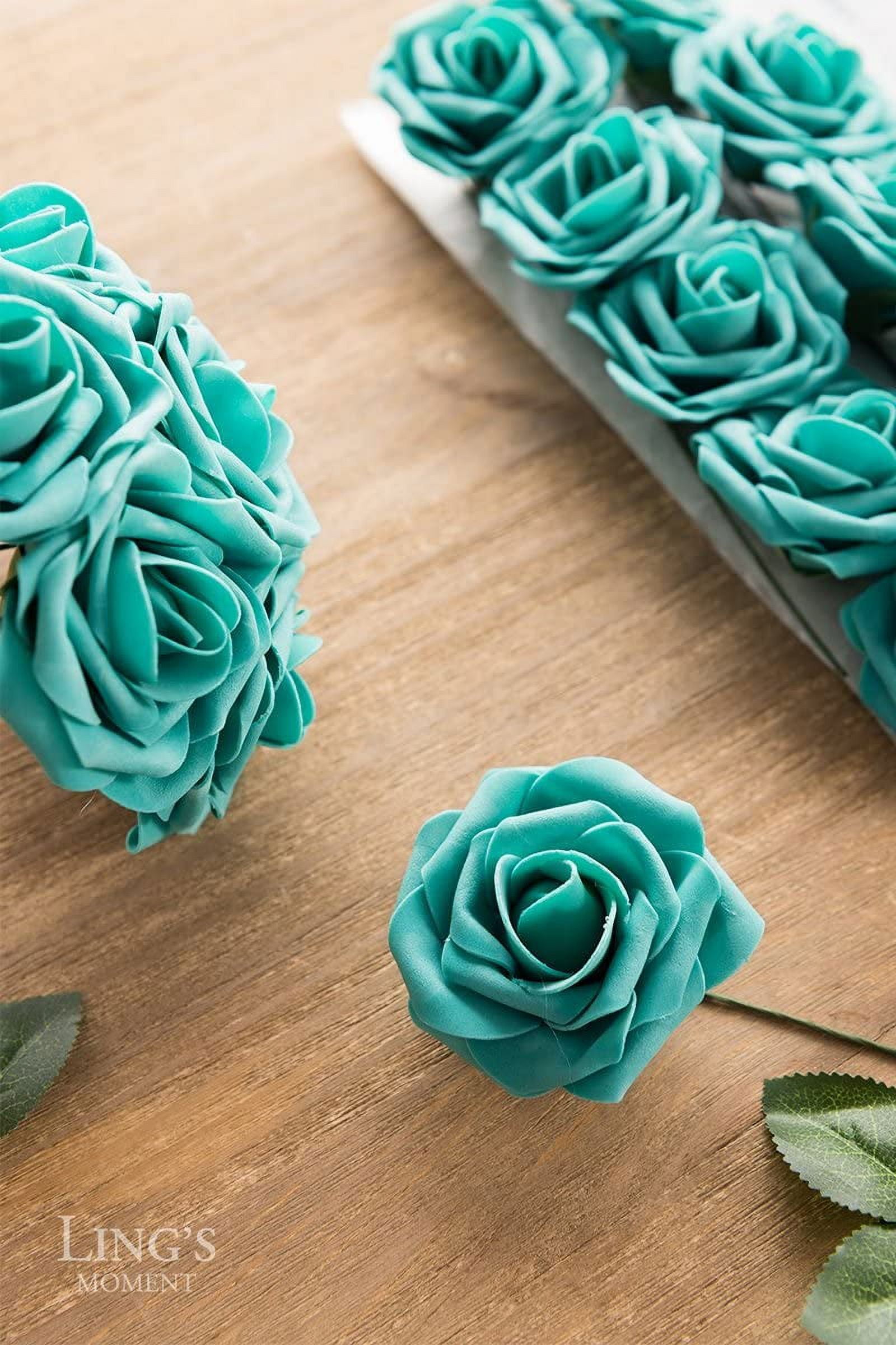 Artificial Flowers 25pcs Real Looking Teal Green Fake Roses w/Stem for DIY Wedding Bouquets Centerpieces Bridal Shower Party Home Decorations