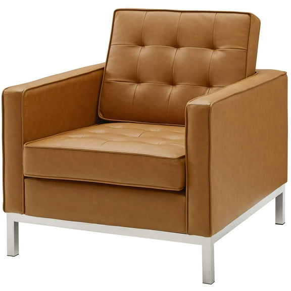 Contemporary Modern Urban Designer Living Room Lounge Club Lobby Accent Side Chair Armchair, Faux Vinyl Leather, Tan Brown