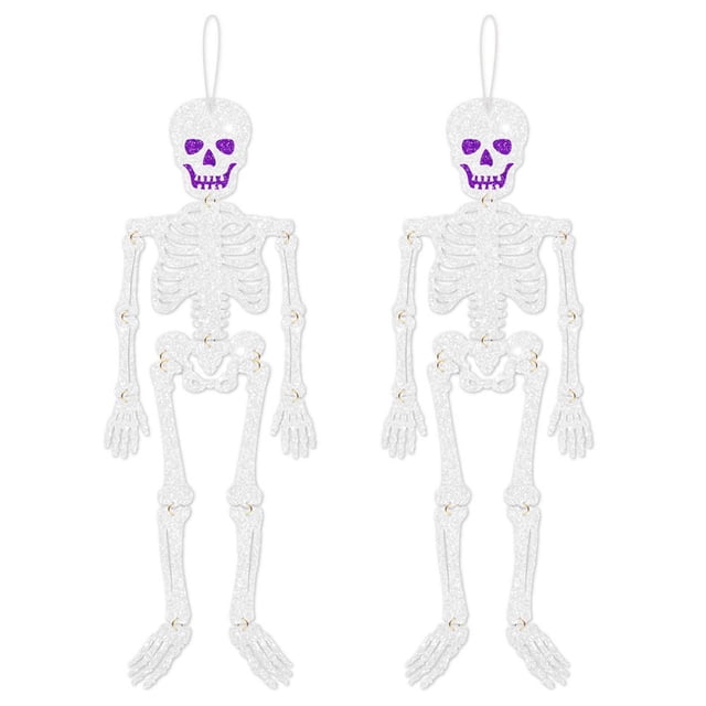 Decoraciones de esqueletos para Halloween | Paquete de 2 adornos colgantes articulados de 66 cm (26 pulgadas) con papel brillante para decoración de fiestas espeluznantes