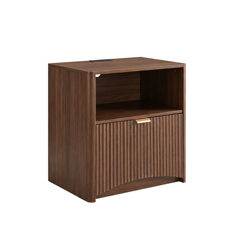Set of 2 Mid-Century Modern Bedside Table with Charging Station, Storage Nightstand with Open Shelf and Large Fluted Drawer