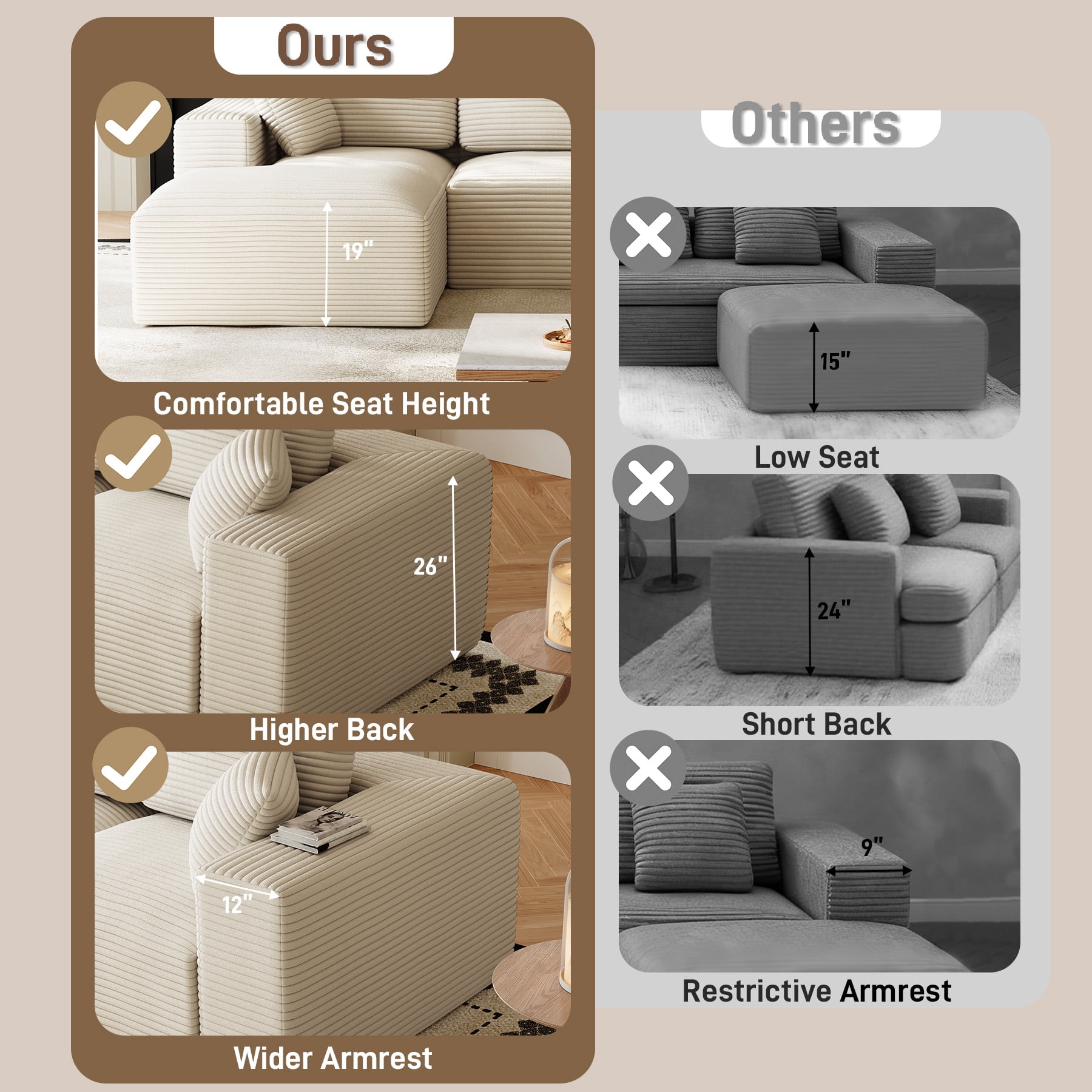 Wiilayok 109" Cloud Sectional Couch with L-Shape Chaise,Modern Modular Sofa with Deep Seat, Comfy Boneless Upholstered Couches for Living Room Bedroom,Beige White