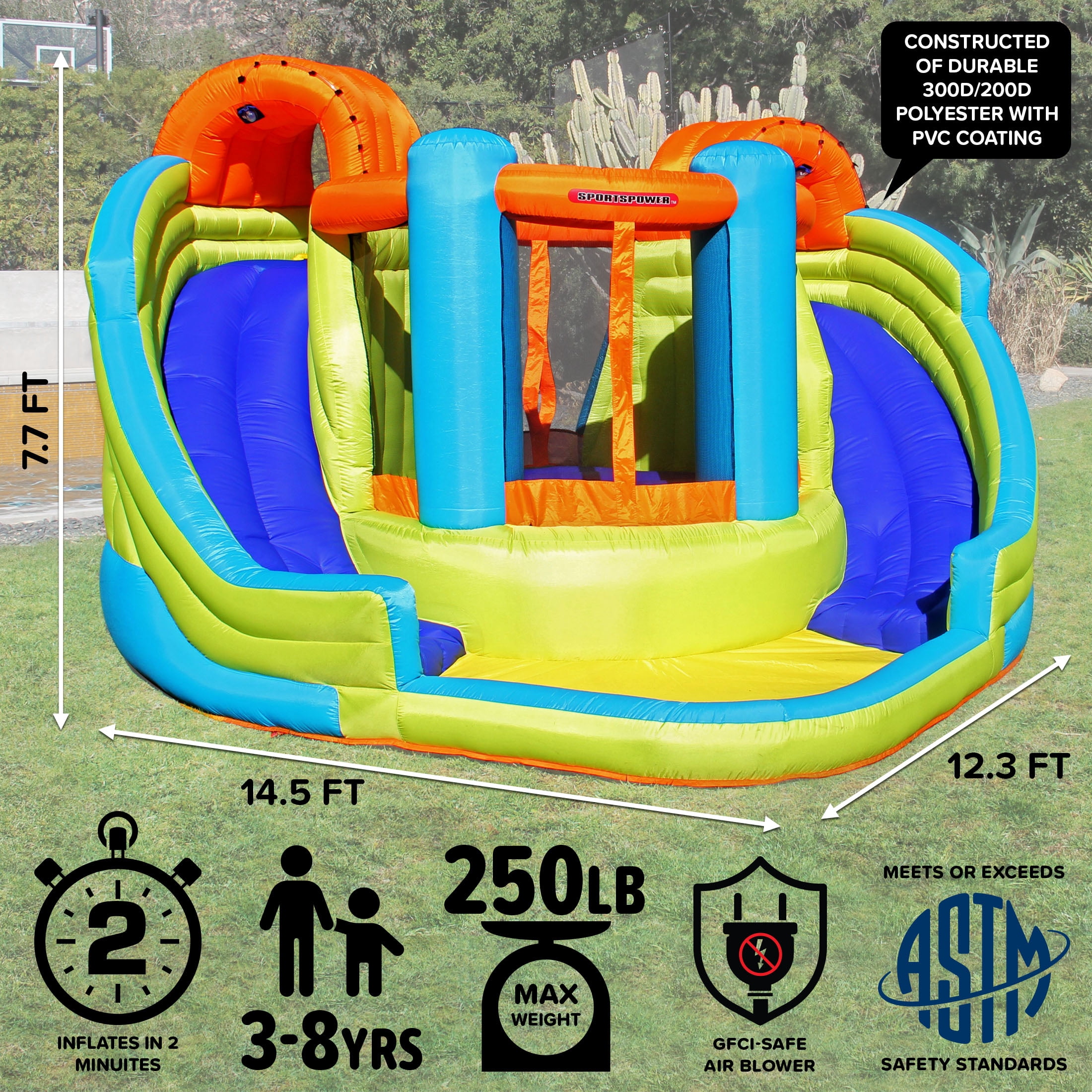 Sportspower Inflatable Water Slide Bounce House with Dual Slides, Splash Pool, Sprinklers, Heavy Duty Blower Included, Outdoor Backyard Water Park for Kids