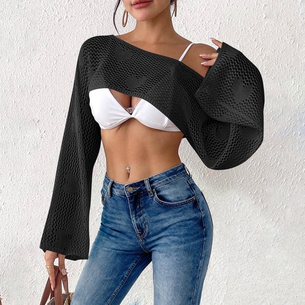 TaTaai Women's Fashion Casual Solid Color Round Neck Long Sleeve Cropped Cover Up Ladies Summer Lightweight Soft Polyester Blouse Top for Daily Beach Party Vacation All Season Wear Gift