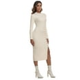thumbnail image 6 of PrettyGuide Women's Mock Neck Sweater Dress Long Sleeve Fall Winter Ribbed Knit Bodycon Slit Midi Dress with Button, 6 of 8
