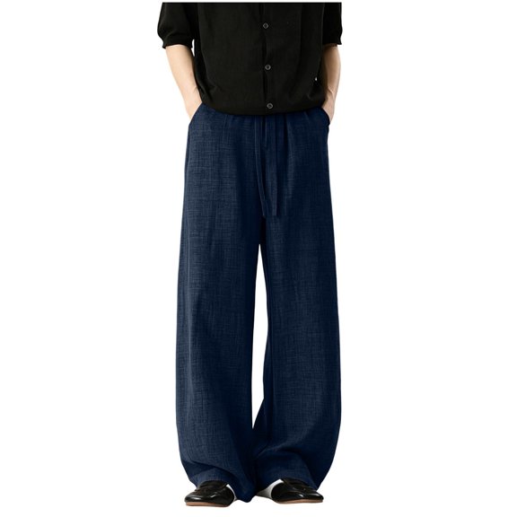 Lenpel Mens Wide Leg Pants Plain Elastic Drawstring Waisted Work Pants with Pockets Casual Loose Breathable Trousers Fall Clothes(Navy,X-Large)