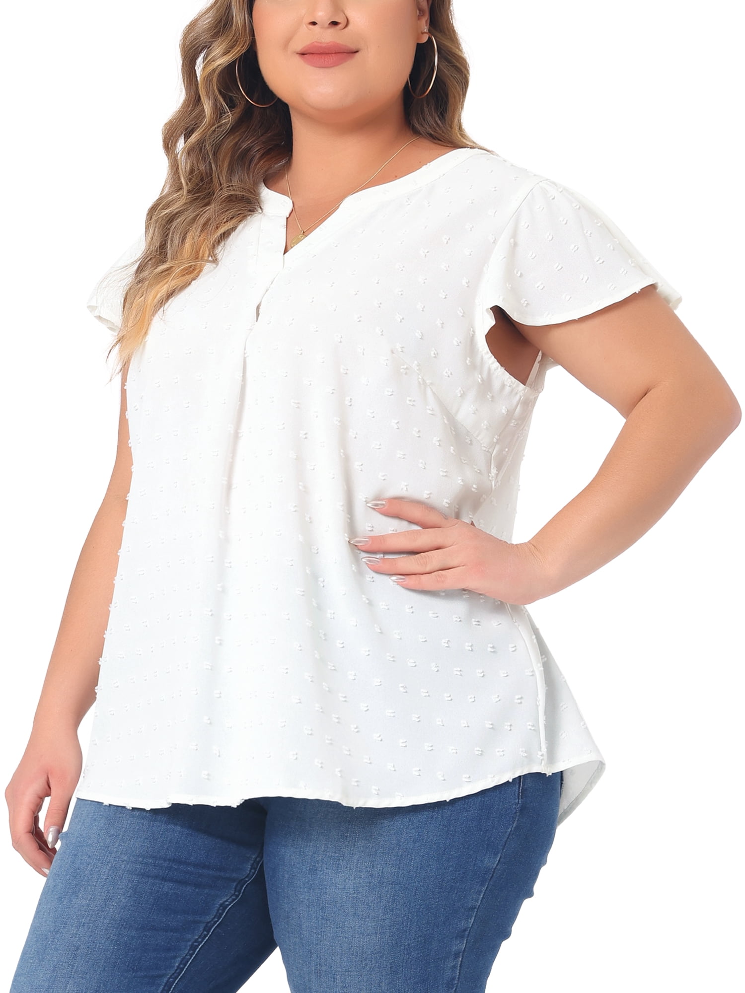 DARING DIVA Women's Plus Swiss Dots Notched Neck Ruffle Sleeve Top 4X White