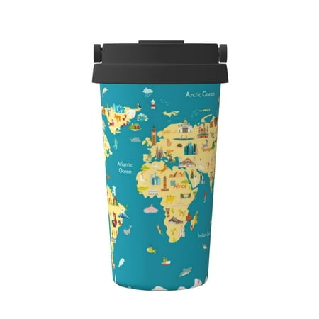

Qekee World Map With Landmarks Print Insulated Coffee Mug Coffee Tumbler Cup Thermos Mug Water Bottle with Handle & Flip