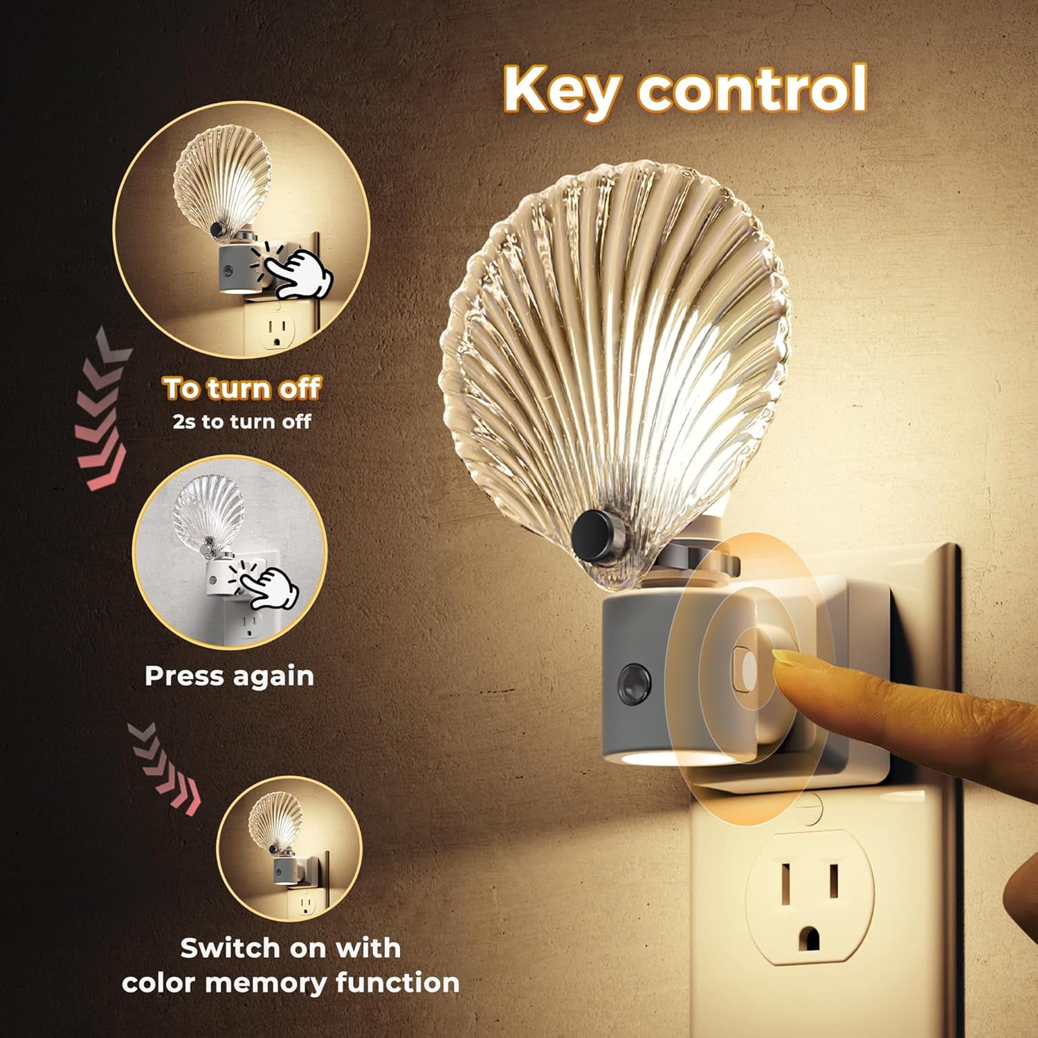 RGHJAR-Night Light,[2 Pack] Night Lights Plug into Wall, Shell Style Glass Nightlight Rotating, Dimmable Nightlights Plug in with Light Sensor, Soft White Nightlights for Hallway Bedroom Bathroom