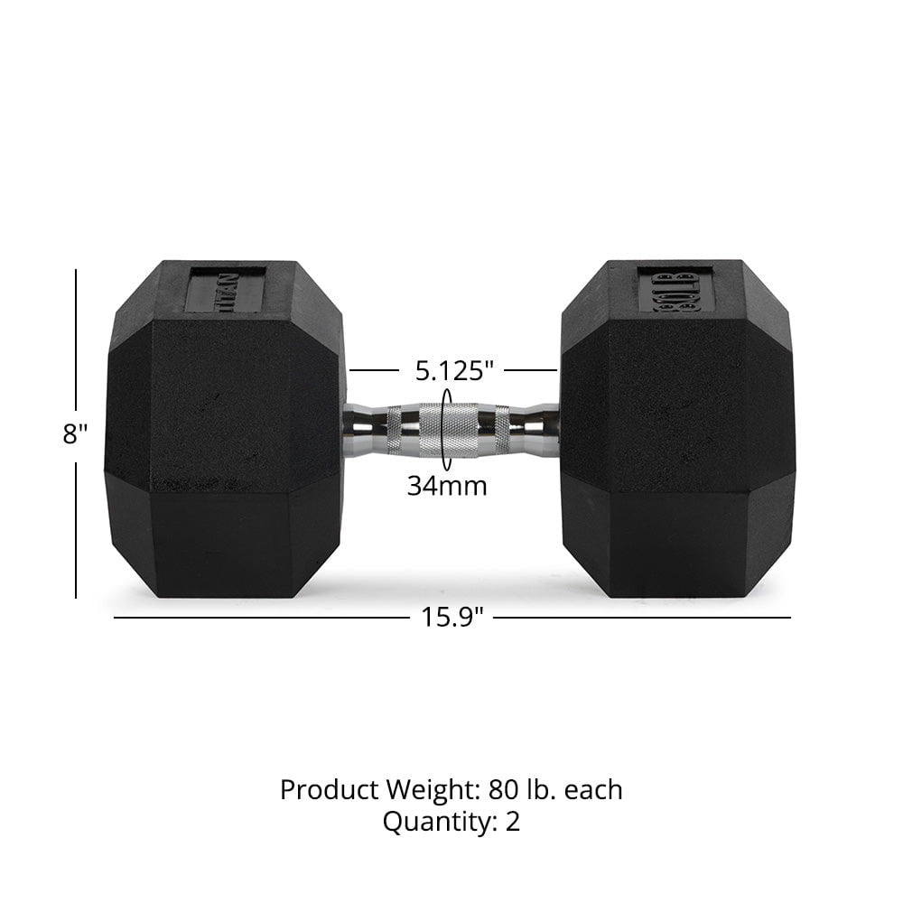 Titan Fitness 80 LB Pair Free Weights, Black Rubber Coated Hex Dumbbell, Ergonomic Cast Iron Handle, Strength Training