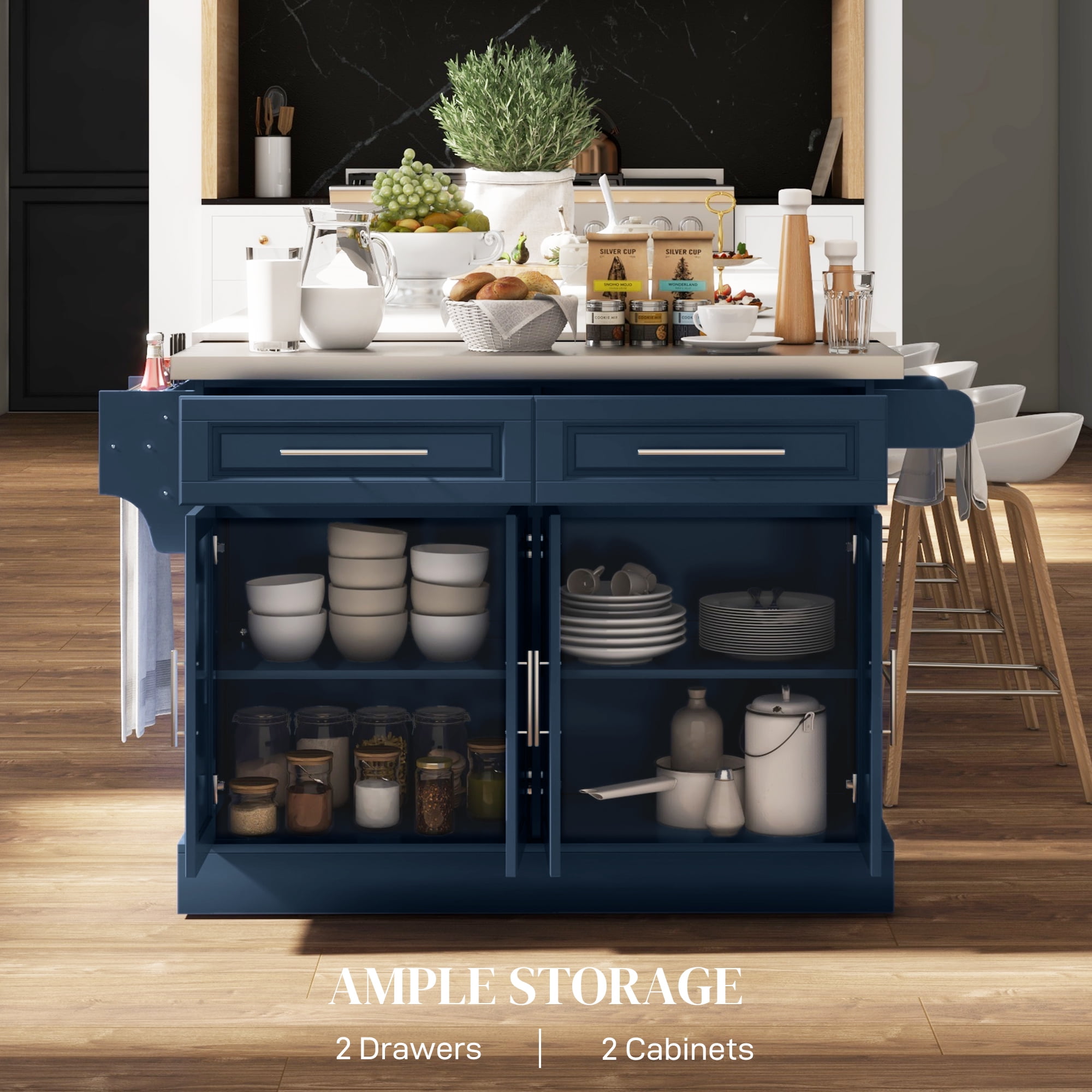 HOMCOM Rolling Kitchen Cart on Wheels, Portable Kitchen Cart with Stainless Steel Top, 2 Drawers, Spice, Knife and Towel Rack, Navy Blue