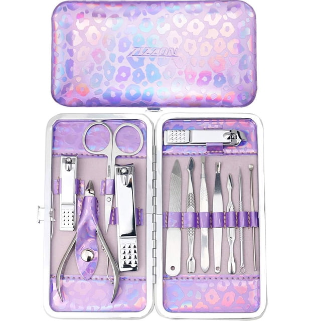 ZIZZON Kit de cortaúñas Juego de manicura y pedicura con estuche holográfico (púrpura)
