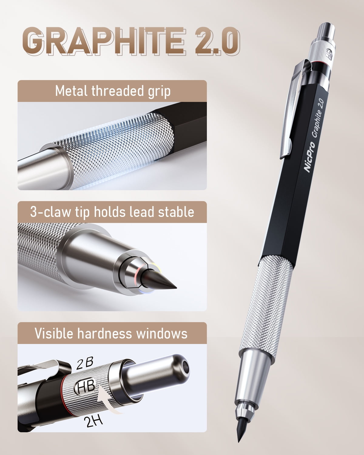 Nicpro 6 Pcs Metal Mechanical Pencils, Drafting Pencil 0.5 mm & 0.7 mm & 0.9 mm & 3 Pcs 2mm Lead Holder (6B 4B 2B HB 2H 4H Colors) with 20 Tube Lead Refills Case