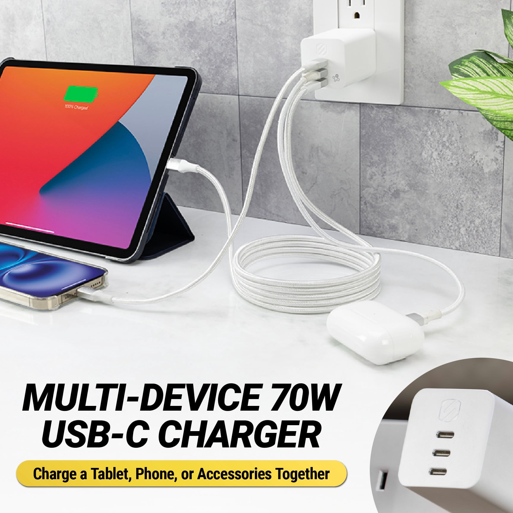 Scosche PowerFlux 70 3-Port 70W USB-C Fast Charging Wall Block Adapter w/ Multiple Ports HPD70WT-SP
