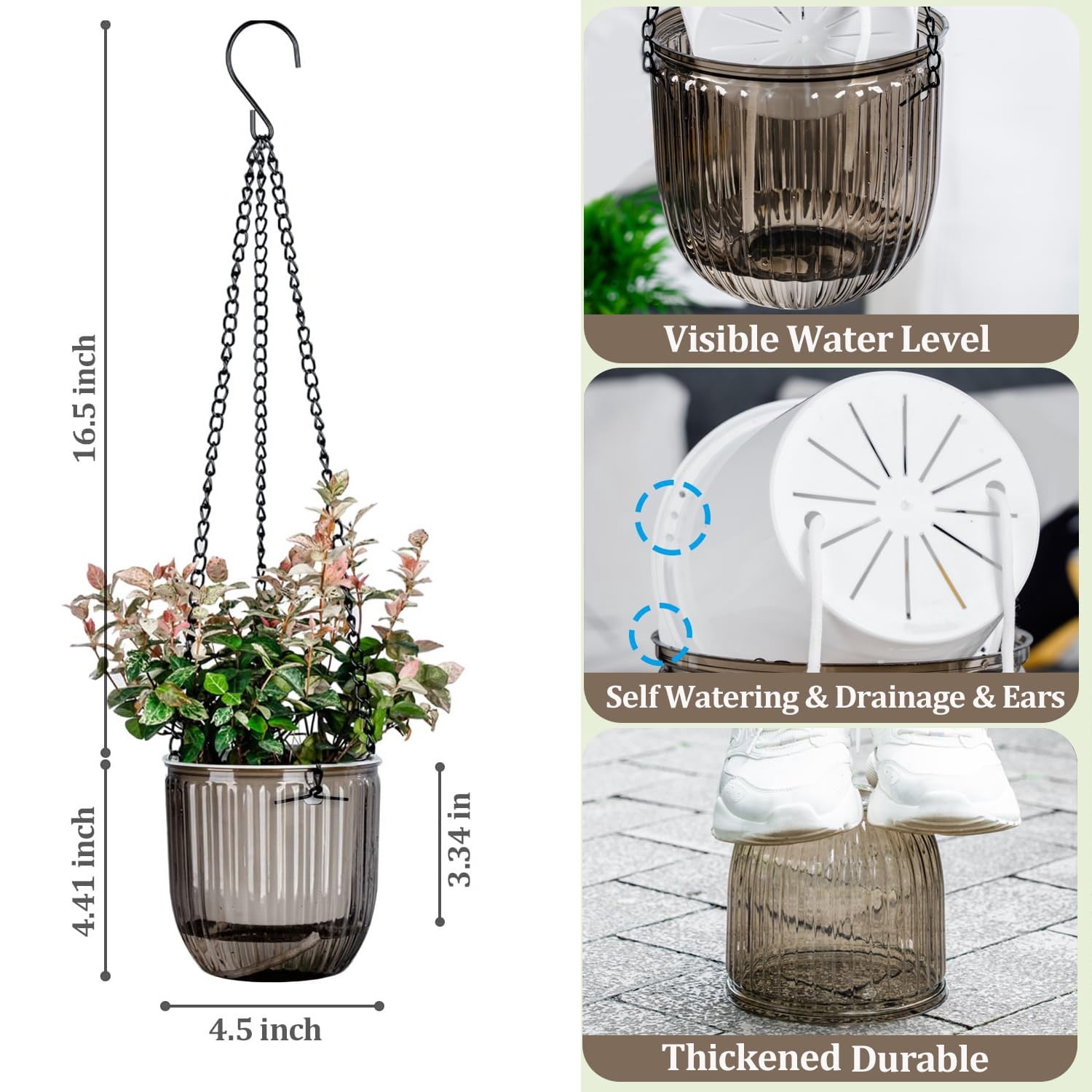 Bexikou 3-Pack Self Watering Hanging Planters, 4.5in Hanging Plant Pots with Drainage Holes & Chain Hooks for Home Balcony Garden Decor