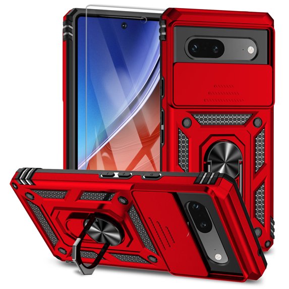 Allytech Google Pixel 7A Case with Screen Protector, Slide Camera Protective Cover Ring Holder Stand Compatible with Car Mount Shockproof Anti-Scratch Case Cover for Google Pixel 7A 6.1" - Red
