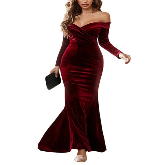 Women‘s Sexy Off Shoulder Evening Party Dress Formal Wedding Guest Dress Elegant Ruched Cocktail Maxi Gown Prom Dress  Wine Red L
