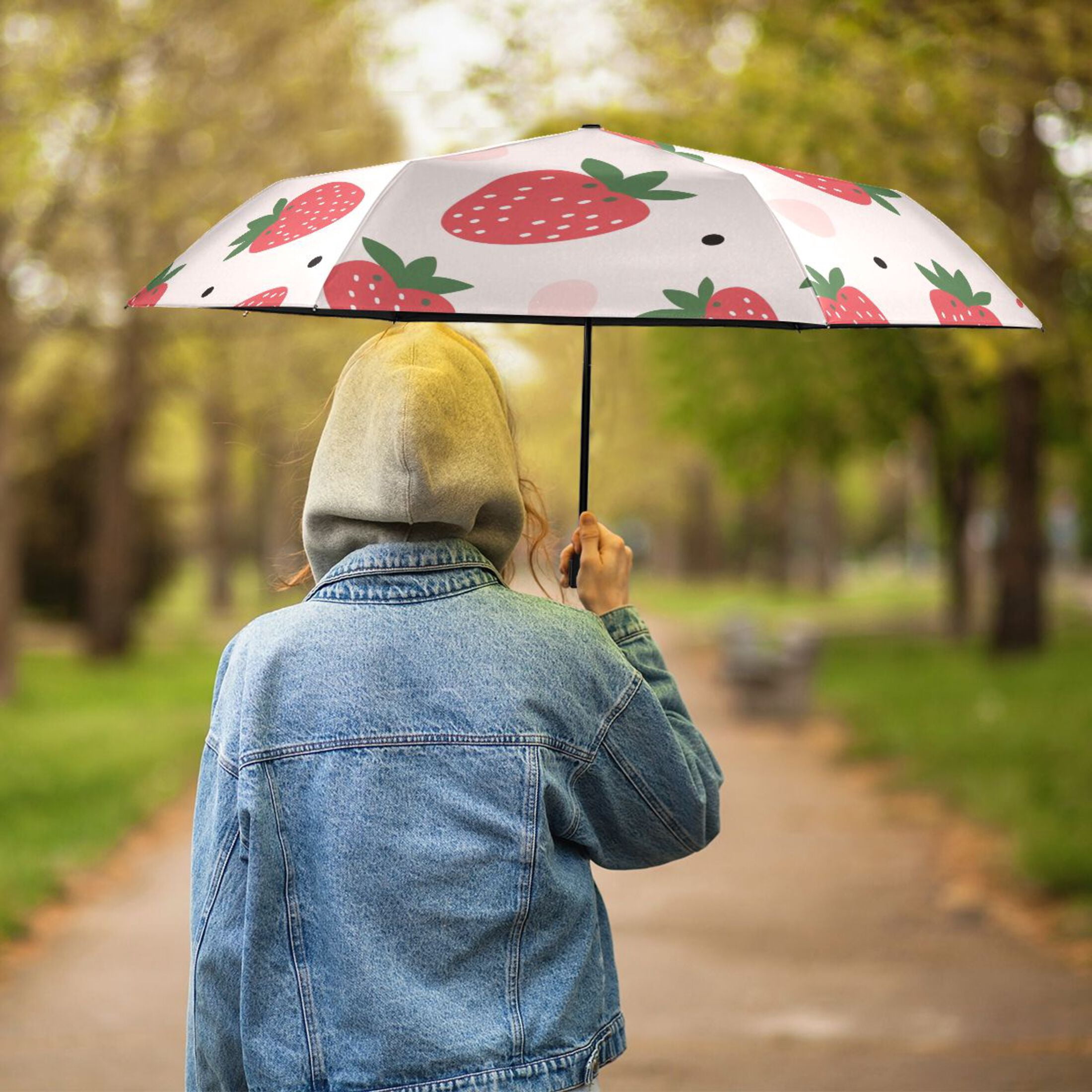 Cartoon Strawberry Compact Sun Umbrella Windproof Travel Umbrellas for Rain Strong Portable UV Protection