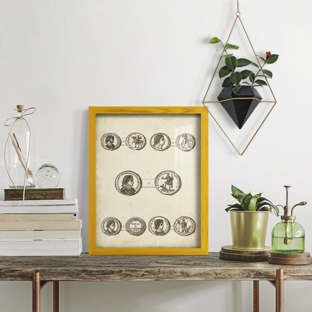 Antique Roman Coins V -Framed Print w/glass-Sunflower Yellow