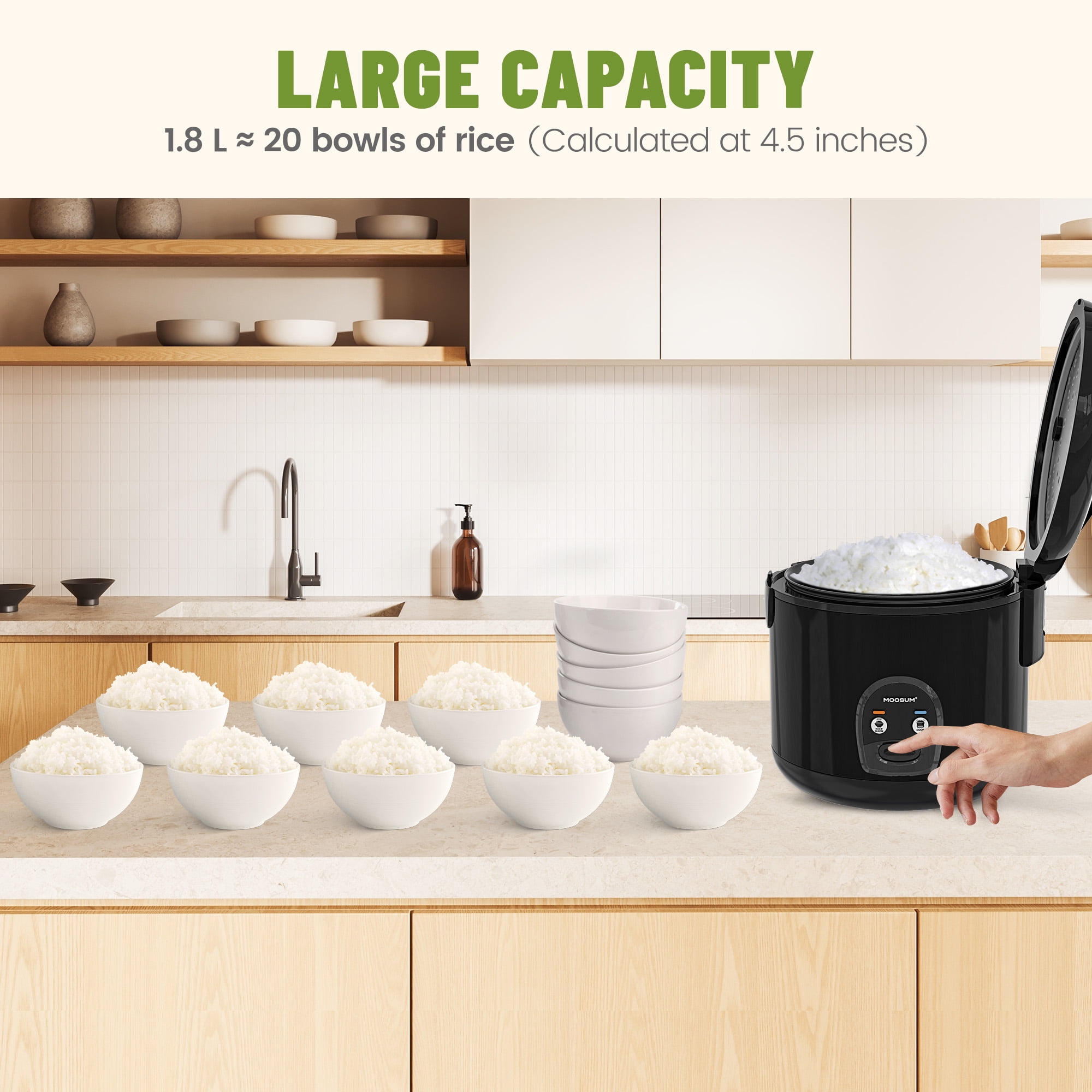 Moosum Rice Cooker Maker 10-Cup(Uncooked) with Steamer, Ceramic coating, BPA Free, Large capacity, Black