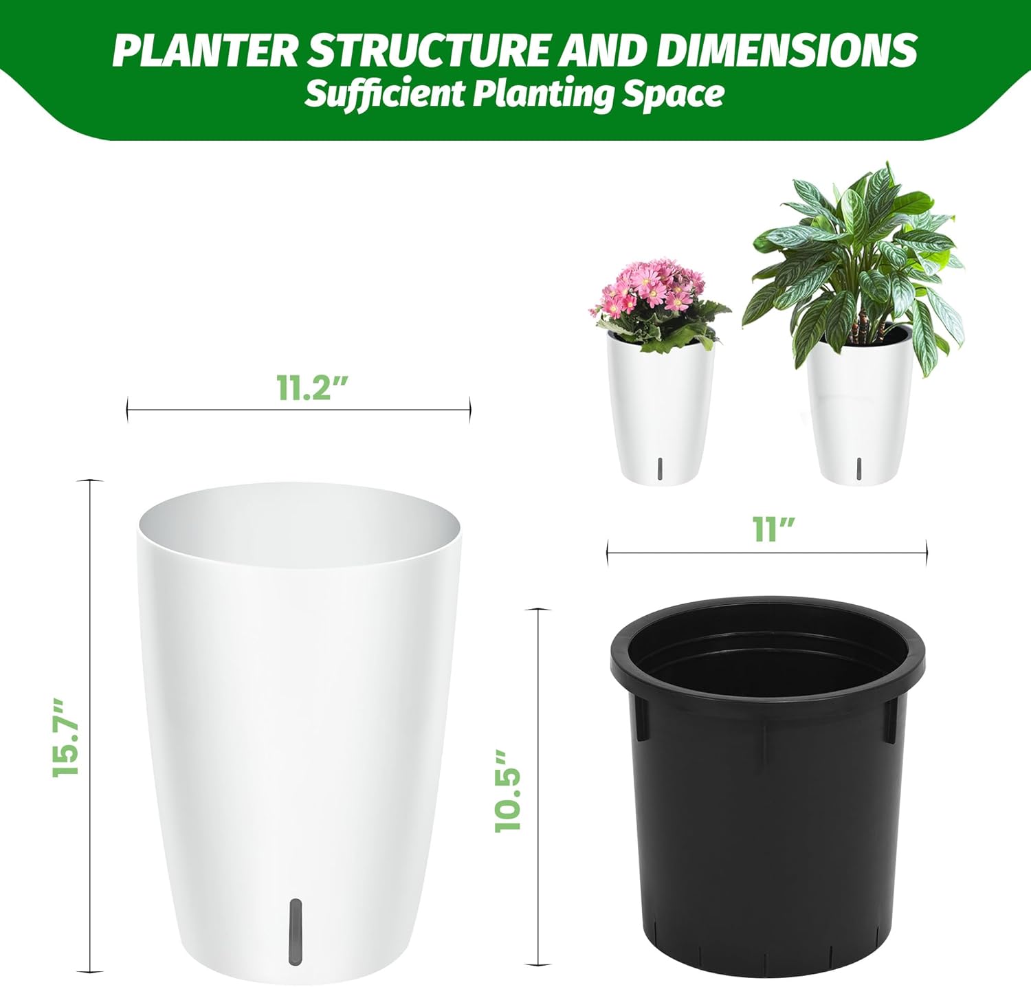 Riedhoff 15.7" Tall Round Planter Pots, Built-In Drainage, Self-Watering, 2 Count, White