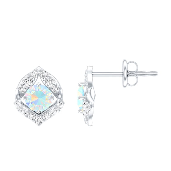 Rosec Jewels Natural Ethiopian Opal Stud Earrings for Women - AAA Grade - Opal Earrings with Diamond - Gift for Special Occasions, 925 Sterling Silver