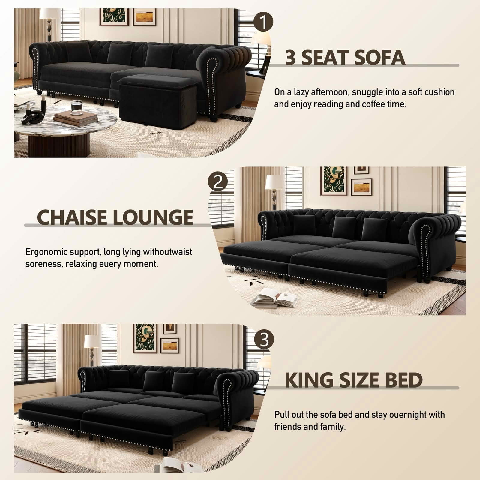 MAYEERTY 89" Chesterfield 3‑in‑1 Pull‑Out Sofa Bed, Tufted Velvet 3‑Seater Couch with Movable Ottoman, King Size Sleeper Chaise Lounge, 4 Pillows Included