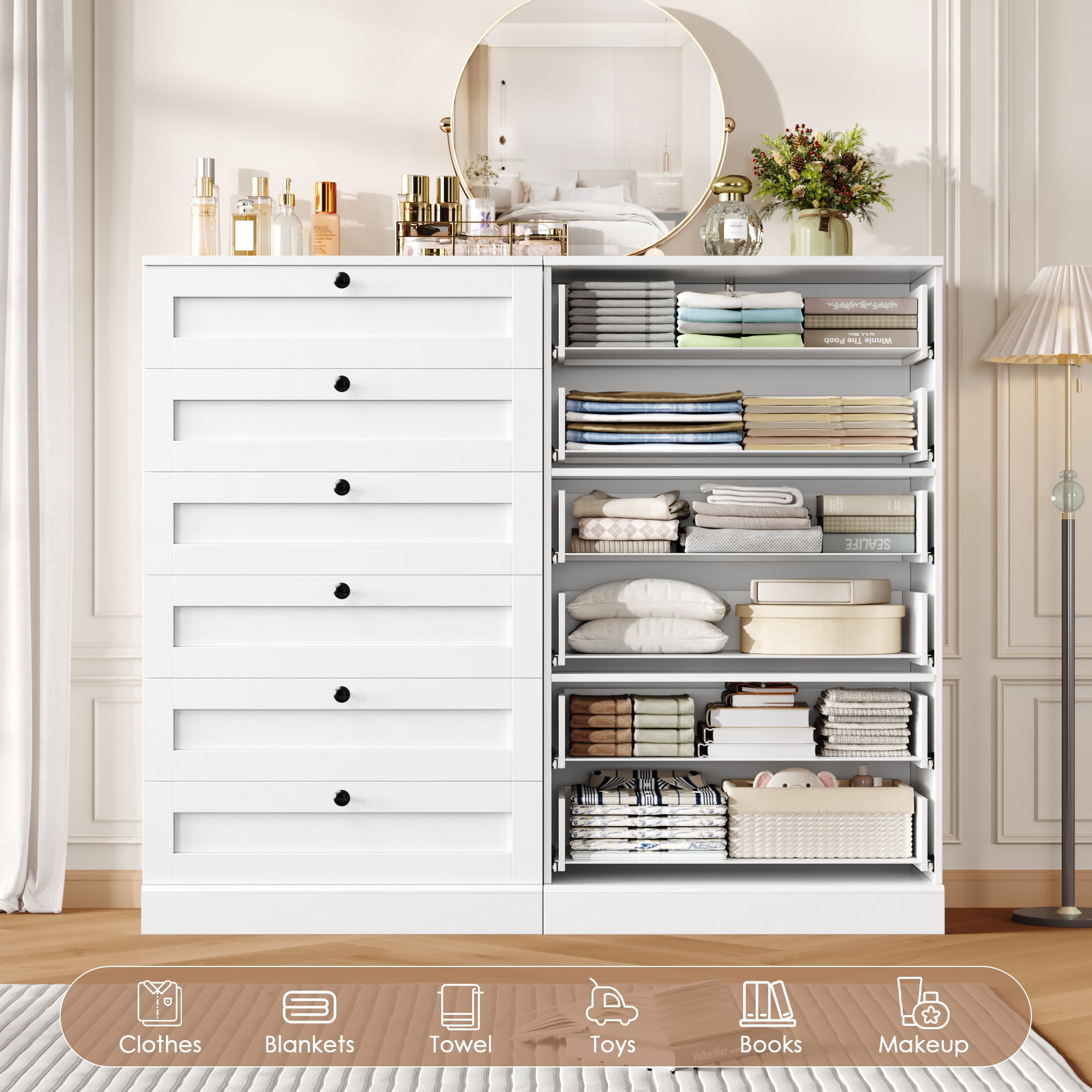 Homfa White Dresser for Bedroom with 6 Drawers, Modern Wood Dresser Chest of Drawers for Living Room, Entryway, Hallway