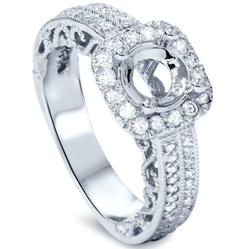 Bague de Fiançailles Coussin 3/4 Halo Filigrane 14K Or Blanc