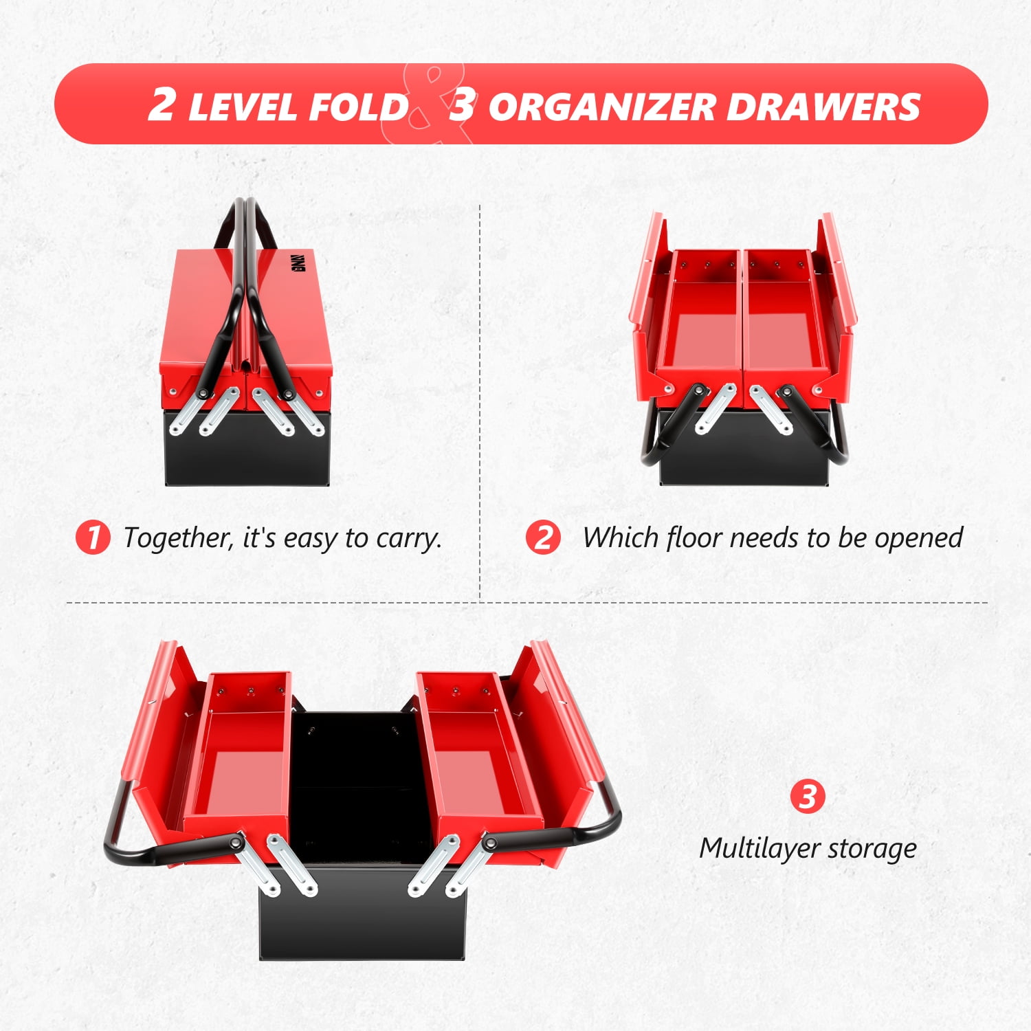 DNA Motoring TOOLS-00410 Red 18" 2 Level Multi-Function Foldable Repair Tool Box Storage With Lock Hole + Drawers + Handle