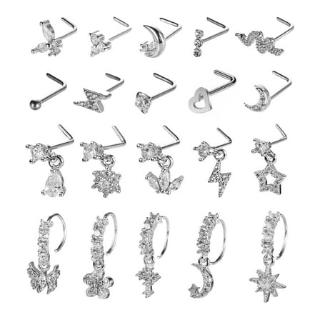 Qianfeng 20 Pcs Nose Rings Nose Studs, 20G Dangle Nose Ring for Women, 316L Stainless Steel Nose Piercings