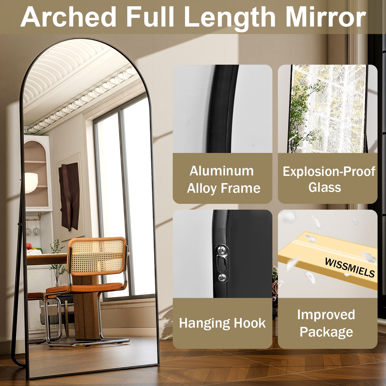 Dscont 19"x57" Arched Full Length Mirror Modern Floor Mirror with Aluminum Frame, Black