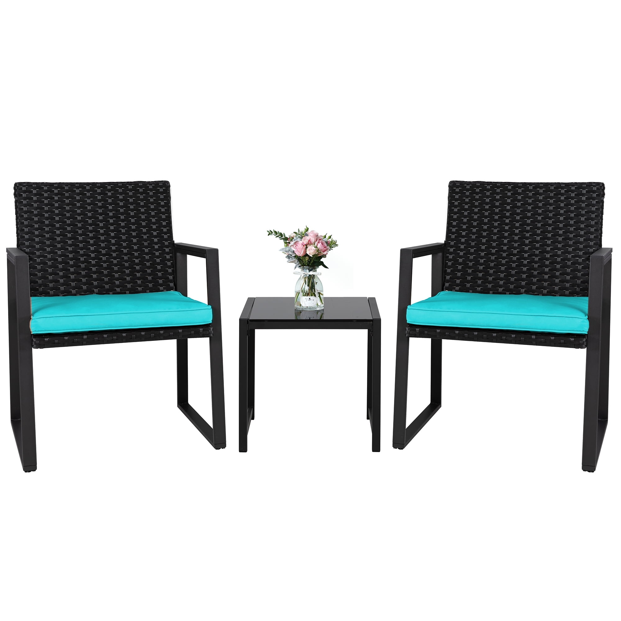 Walsunny Outdoor Patio Bistro 3-Piece Balcony Furniture Sets with 1 Outdoor Bistro Glass Table Bistro Wicker Chairs Set of 2 Blue