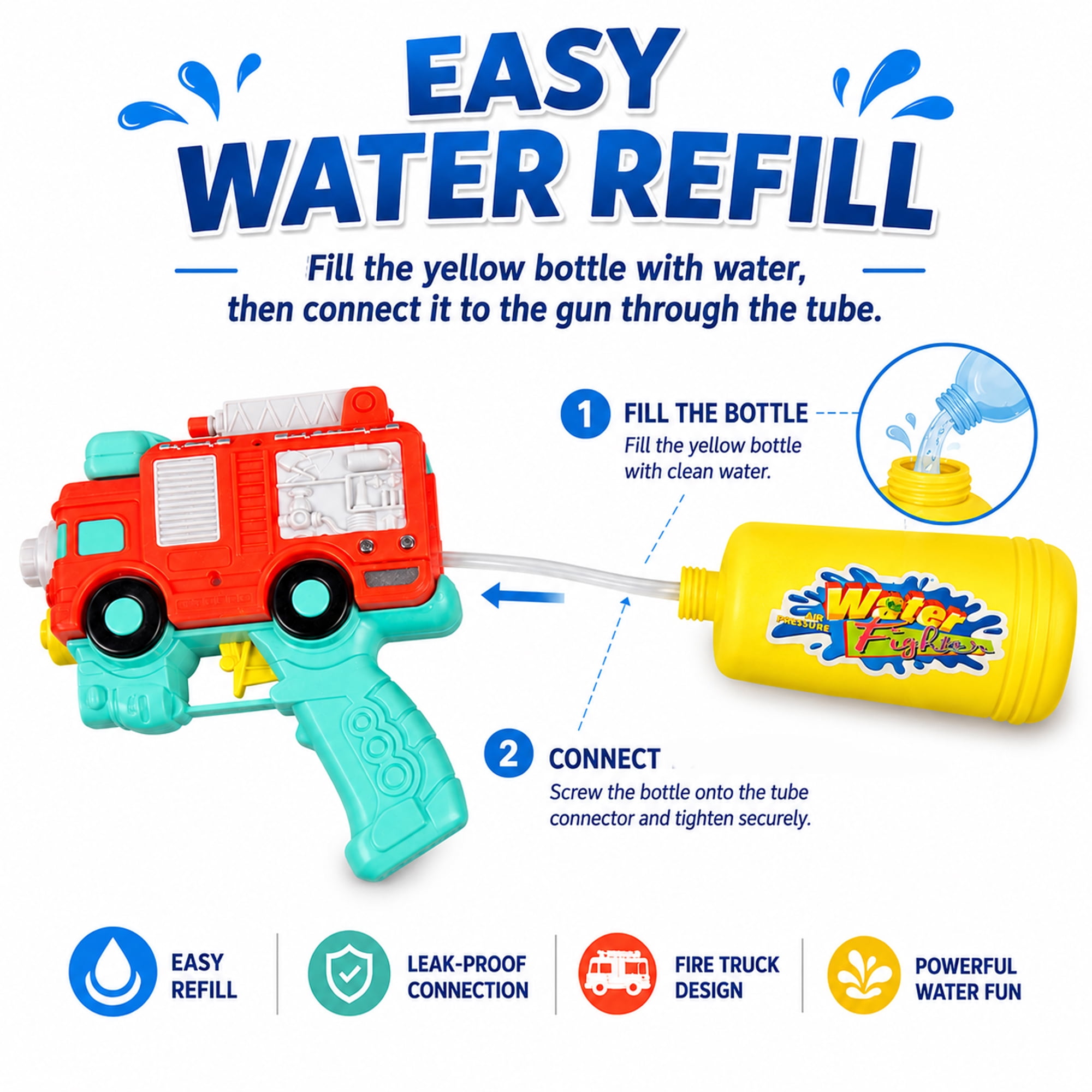Firetruck Water Blaster Outdoor Toy, 15 Inch Water Shooter with Refillable Bottle, Tube Connection, Movable Top Ladder, Pump Action Water Spray Toy for Kids Summer Play