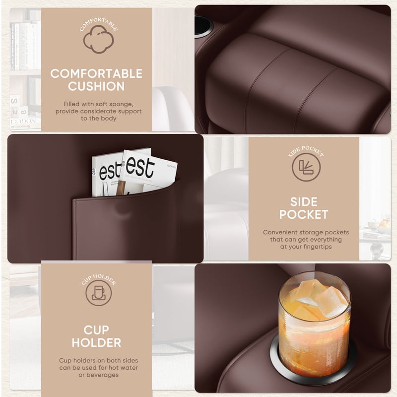 Vineego 360° Swivel Recliner Oversized Massage Rocking Chair Nursery Chair Power Living Room Furniture With Two Cup Holder,PU Brwon