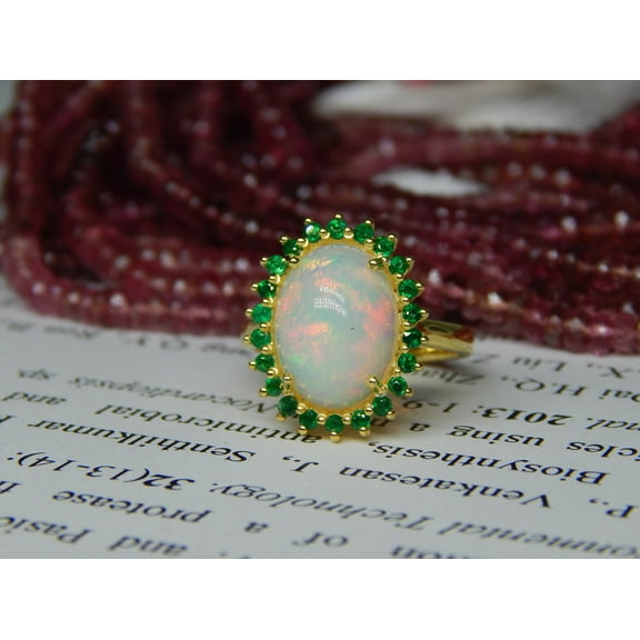 ArtPalacebyMitika Natural Lab Fire Opal, 925 Sterling Silver, 18k Yellow Gold Plated Ring With Round Emerald Womens Anniversary Ring