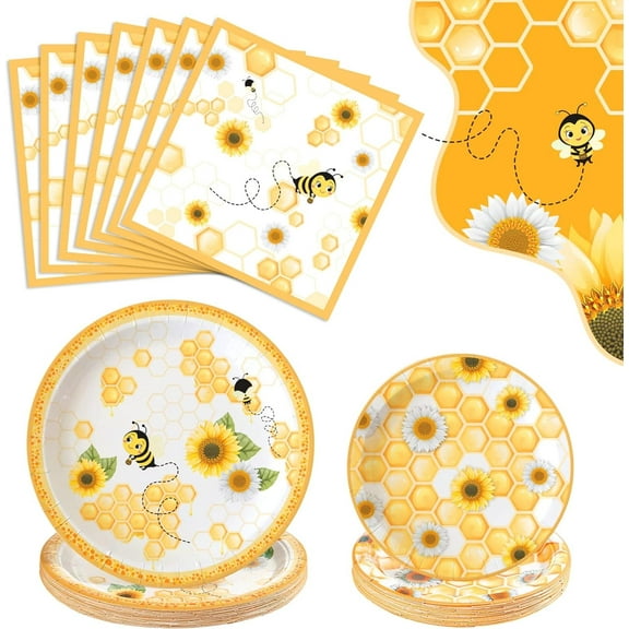 Naler Bumble Bee Themed Disposable Tableware Serves 24 Guests - 72 Pcs Paper Plates and Napkins Set for Kids Bee Party Decorations Supplies