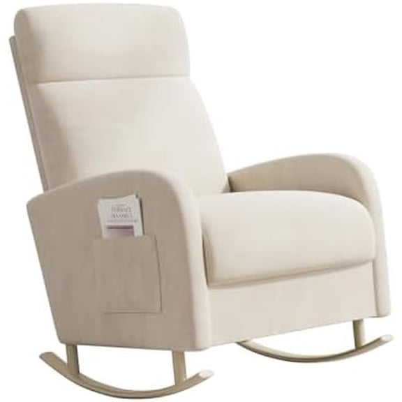Rocking Chair Nursery, Upholstered Glider Chair with Side Pocket, Modern Nursery Chair with High Backrest and Rubber Metail Legs, Accent Armchair for Living Room Bedroom Indoor (Beige Velvet)