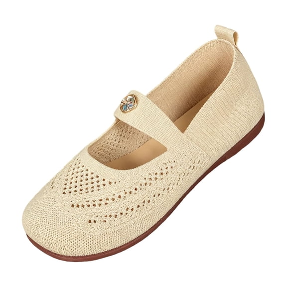 Wide Toe Box Flats Shoes Women Knit Ballet Flats Mary Jane Dress Flat Wide Width Walking Shoes Slip-on with Strap Beige 42