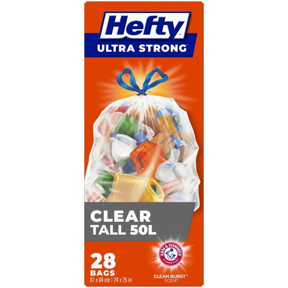 Hefty® Garbage Bags, Ultra Strong Tall 50 Litres Clear Recycling, Drawstring, Arm & Hammer odour neutralizer, 28 Bags