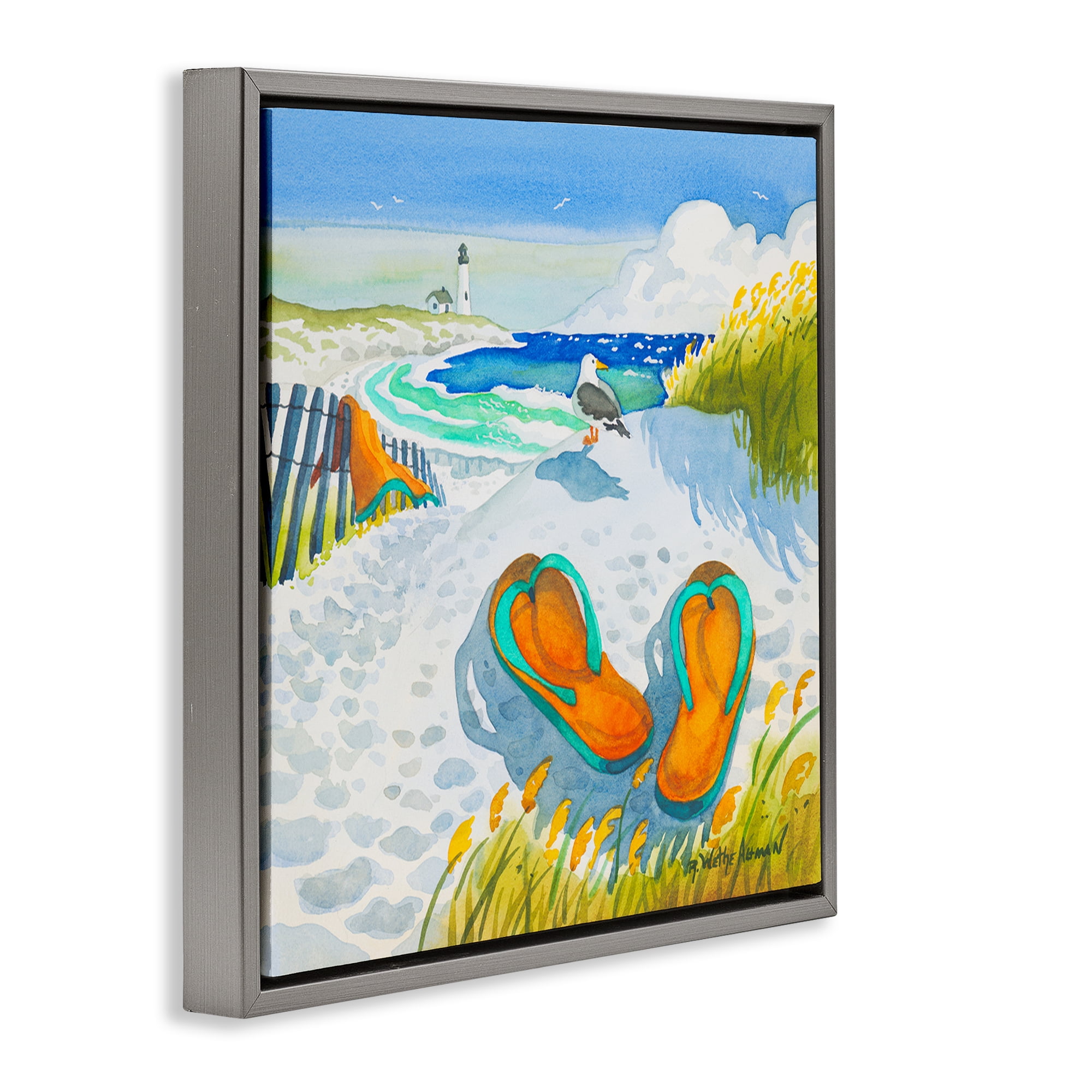 Stupell Industries Seagull & Flip Flops Gray Framed Floater Canvas Wall Art, design by Robin Altman