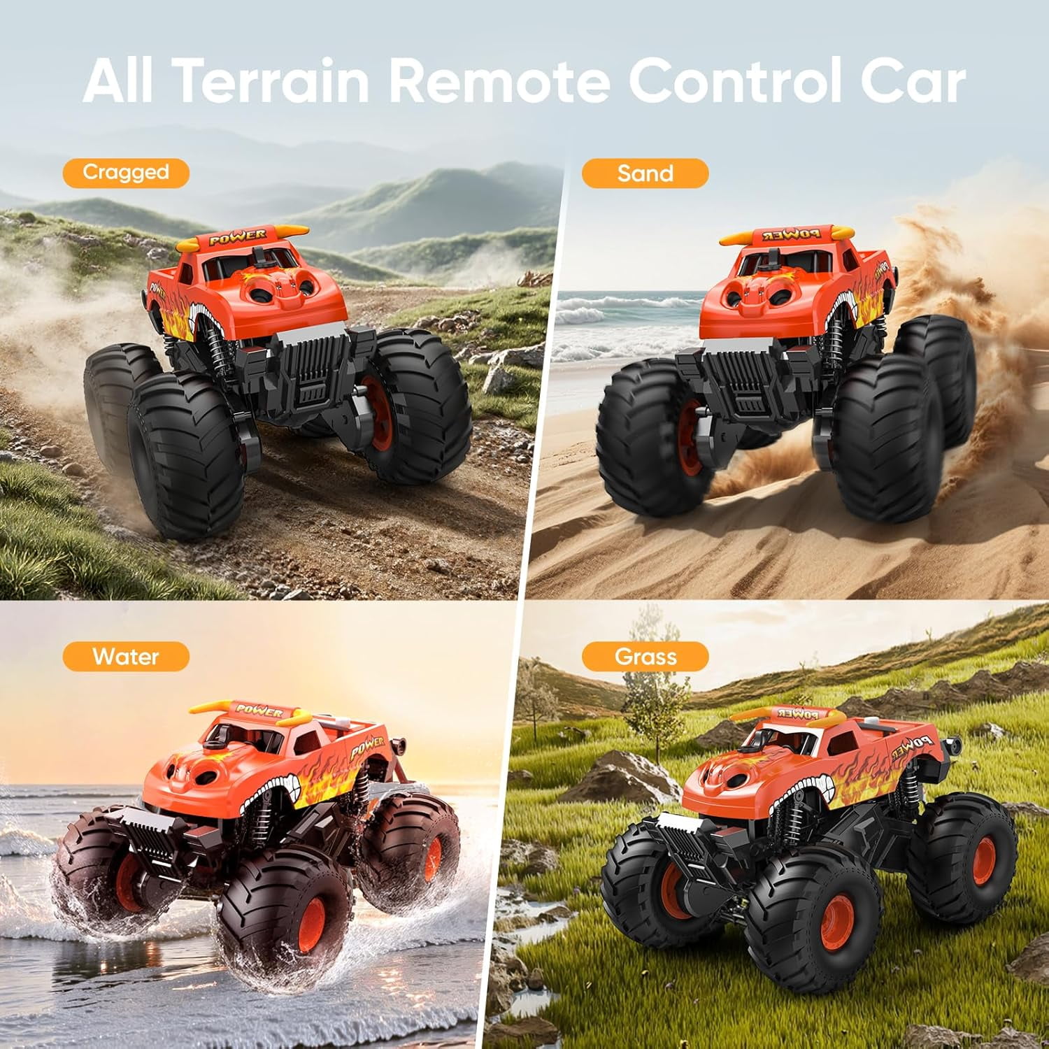 VKFVKF 1:16 Waterproof Remote Control Monster Truck - 4WD Amphibious All Terrain RC Car, Off-Road Toy Truck with Rechargeable Battery, Gift for Kids