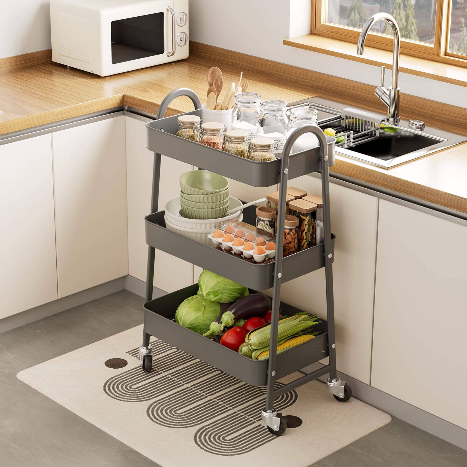 GIANNA 3 Tier Rolling Cart Organizer, Plastic Rolling Cart with Lockable Wheels & Reinforced Handle, Lightweight Utility Cart Storage Cart for Nursery, Kitchen, Bathroom, Craft Room
