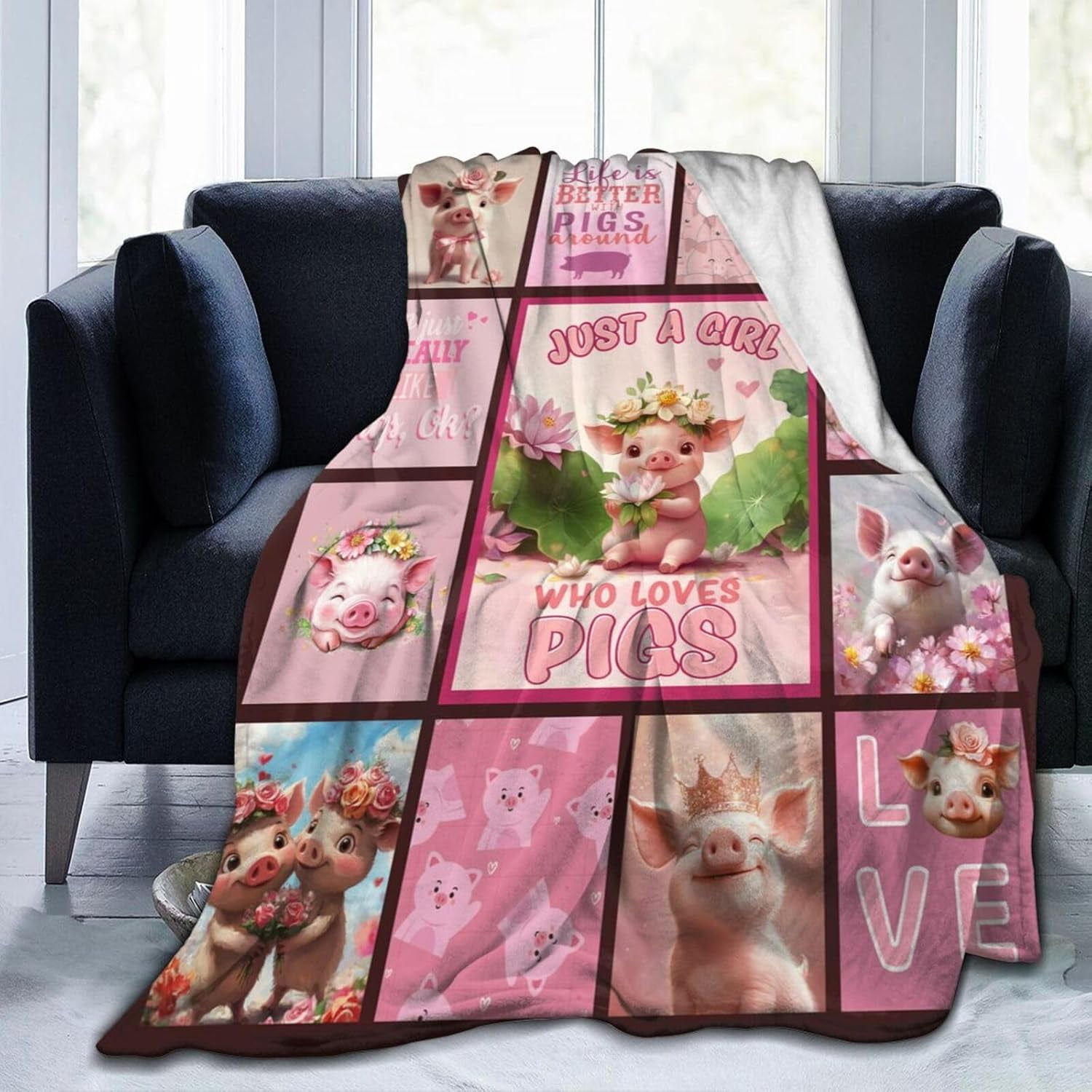 Pink Pig Blanket Who Loves Pigs Blankets for Women Flowers Fleece Cozy Flannel Warm Soft Fuzzy Plush Funny Animal Print for Sofa Bed Decor Gifts for Pig Lovers Users Men Women 80"x60"