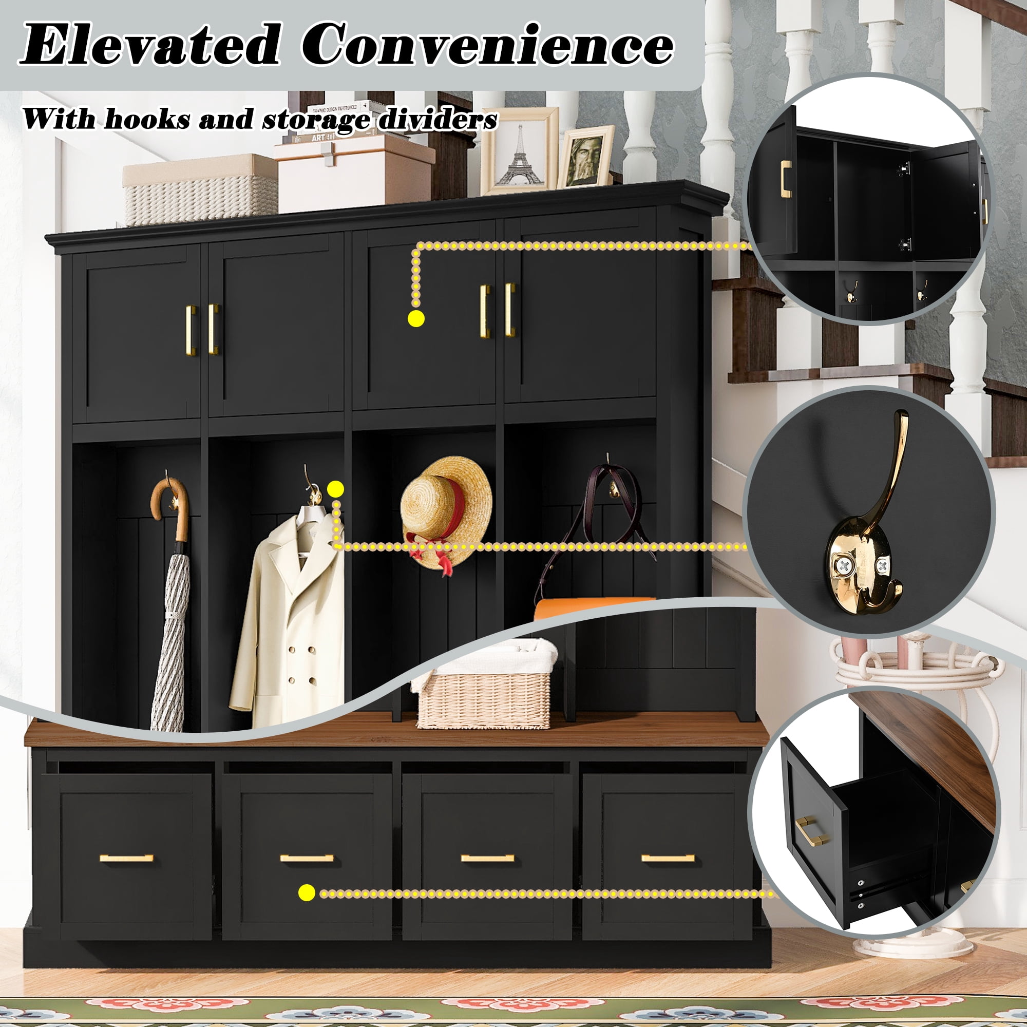Leumius 78"H Farmhouse Hall Tree with 4 Coat Hooks,Cabinets & 4 Drawers, All-in-One Storage Organizer Entryway Coat Rack for Hallway, Living Room, Black
