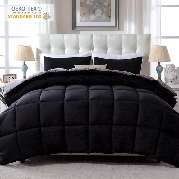 Yalamila Queen Comforter Set, 3-Piece Black/Grey Comforter Bedding Set, Reversible All Season Down Alternative with 2 Pillow Shams