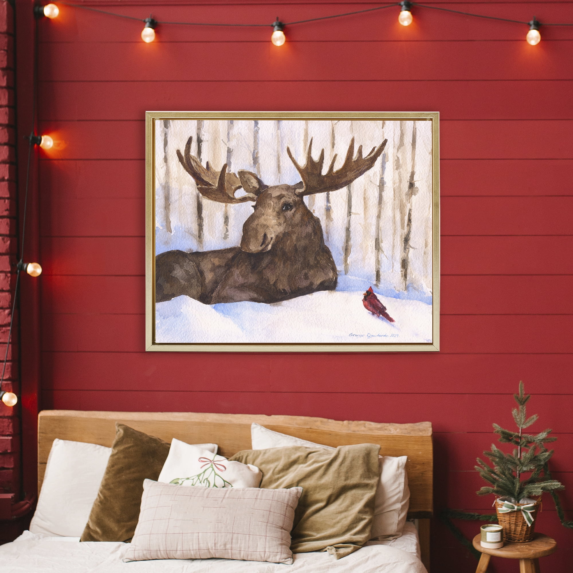 Stupell Industries Moose & Red Cardinal Gold Framed Floater Canvas Wall Art, design by George Dyachenko