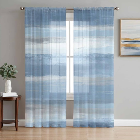 Gray Blue Ombre Semi Sheer Curtains 108 Inch Length 2 Panels Set, Modern Abstract Watercolor Stripes Sheer Kitchen Curtain Privacy Voile Window Curtain for Living Room Bedroom Rod Pocket Drapes