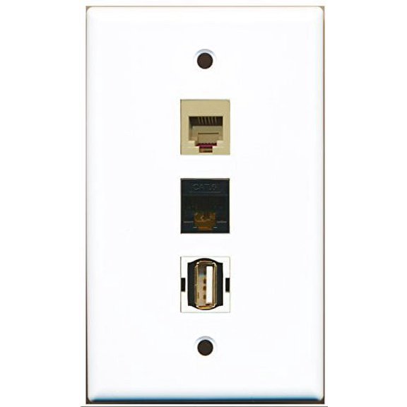 RiteAV - 1 Port USB A-A and 1 Port Phone RJ11 RJ12 Beige and 1 Port Cat6 Ethernet Black Wall Plate