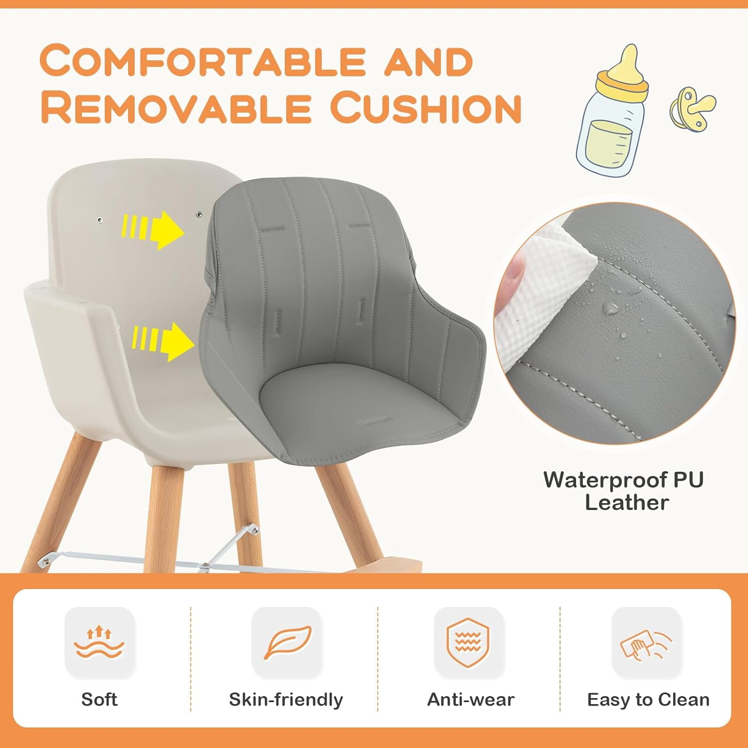 High Chair, OEIKPFN 3 IN 1 Convertible Wooden High Chair with Adjustable Legs & Removable Tray, Gray